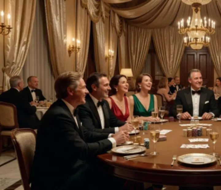 Ambiance poker vénitien avec décor élégant, lumières feutrées et atmosphère raffinée