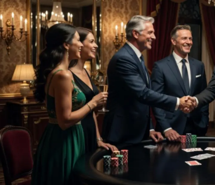 Networking professionnel autour d'une table de poker social lors d'une soirée d'entreprise